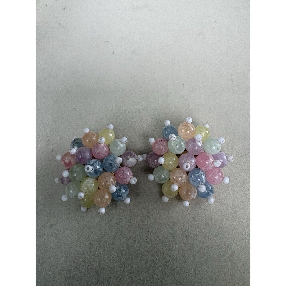 Vintage Pair Of Pastel Clustered Clip On Earrings With Tiny White Beads